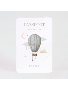 Faire-part naissance passeport et montgolfière