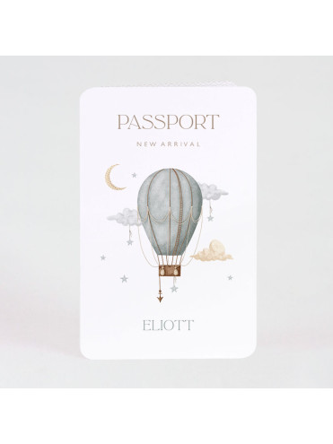 Faire-part naissance passeport et montgolfière