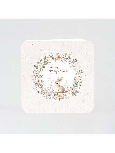 Faire-part naissance couronne de fleurs et petit lapin