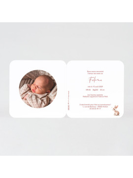 Faire-part naissance couronne de fleurs et petit lapin