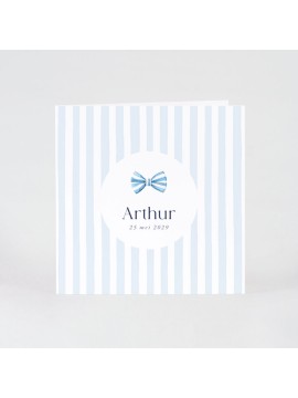 Faire-part naissance petit nœud sur fond ligné bleu et blanc