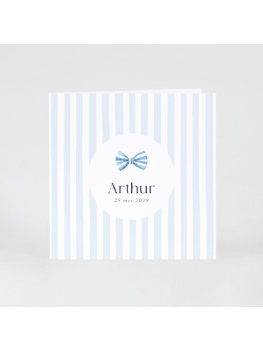 Faire-part naissance petit nœud sur fond ligné bleu et blanc