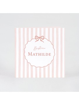 Faire-part baptême nœud rose sur fond ligné