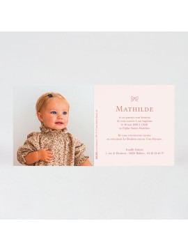 Faire-part baptême nœud rose sur fond ligné