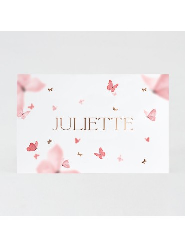 Faire-part naissance envolée de papillons roses et dorés