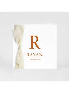 Faire-part naissance minimaliste initiale et ruban écru