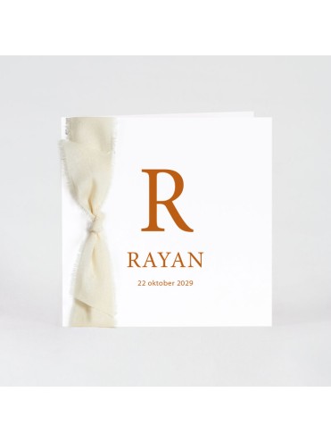 Faire-part naissance minimaliste initiale et ruban écru