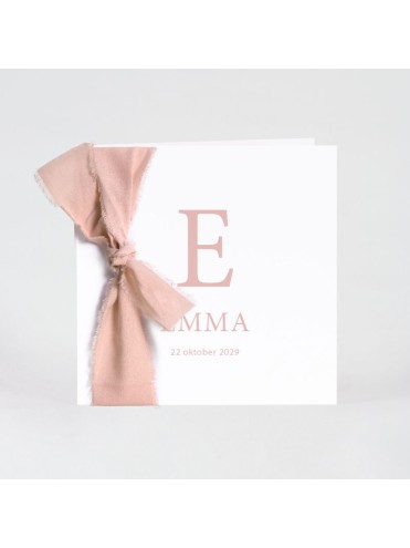 Faire-part naissance minimaliste initiale et ruban rose