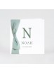 Faire-part naissance minimaliste initiale et ruban vert