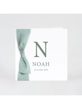 Faire-part naissance minimaliste initiale et ruban vert