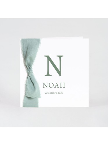 Faire-part naissance minimaliste initiale et ruban vert