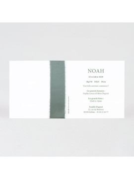 Faire-part naissance minimaliste initiale et ruban vert