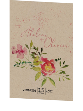 Faire-part de mariage – Fleurs à l’aquarelle sur papier kraft – Rose