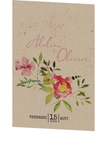 Faire-part de mariage – Fleurs à l’aquarelle sur papier kraft – Rose