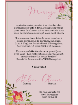Faire-part de mariage – Fleurs à l’aquarelle sur papier kraft – Rose