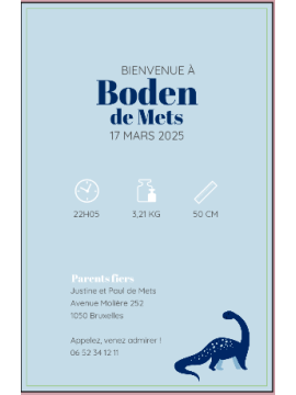 Carte de naissance Boden – Dino – Bleu