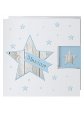 Carte de naissance - Étoiles bleues avec bois