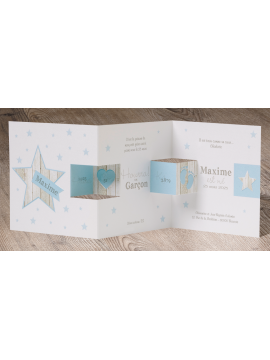 Carte de naissance - Étoilles bleues avec bois